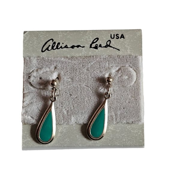 Vintage ALLISON REED Blue Green Tear Drop Dangle Silver Tone PIERCED EARRINGS - Picture 4 of 7